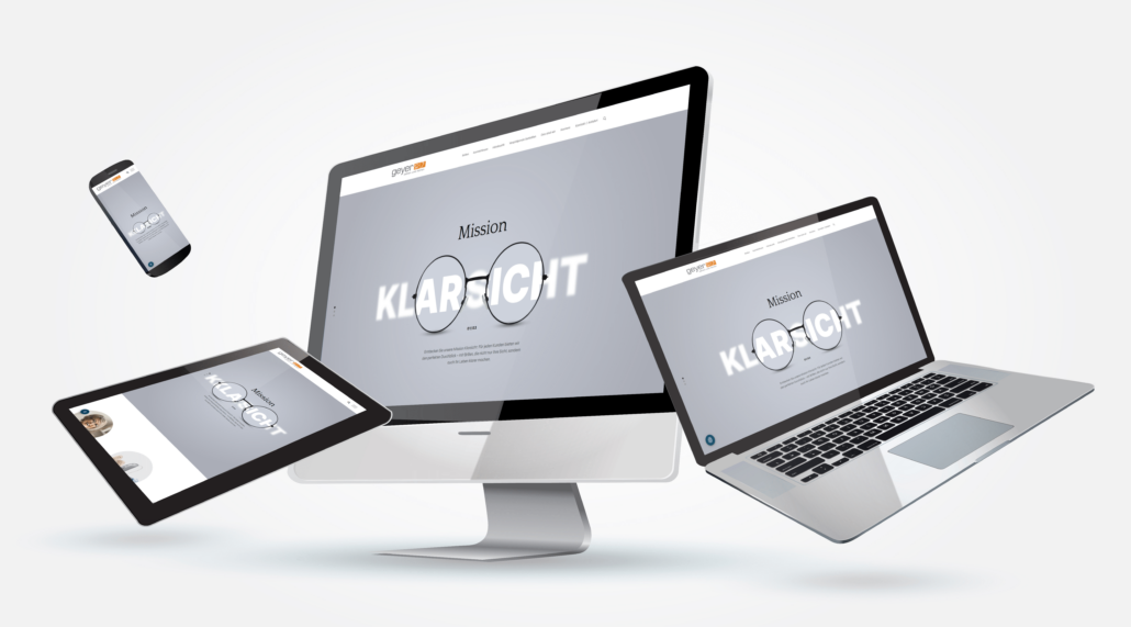 Ein iMac, iPad und iPhone stellen den Slider der neuen Geyer-Coburg-Website dar. Web-Entwicklung Coburg
