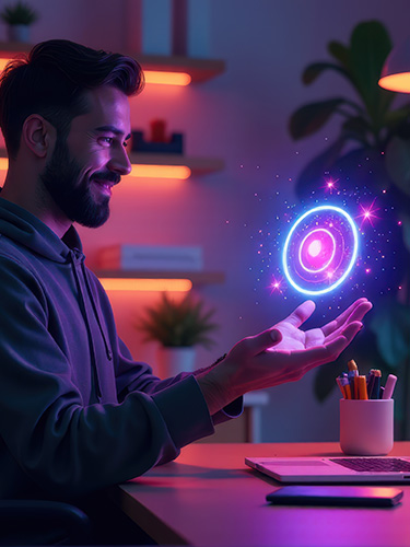 Mann in kreativ beleuchtetem Raum hält ein schwebendes, futuristisches Hologramm – Darstellung von Technologie, Innovation und digitaler Kreativität. Erfolgreiches Print-Design von der Werbeagentur Logan Five.