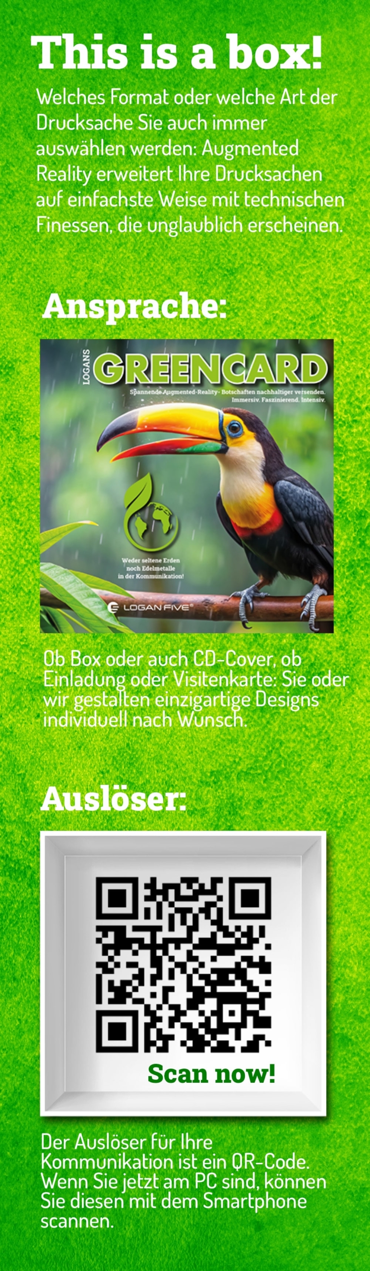 Greencard Erklärung mit QR-Code zum Scannen und selber ausprobieren am Handy.