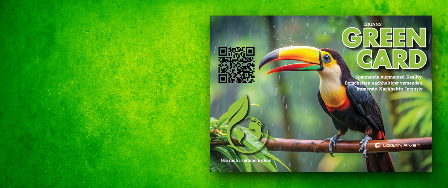 Eine QR-Video-Card mit dem Bild von einem Tukan, der auf einem Ast im Regen in einem Wald sitzt von der Agentur Logan Five.