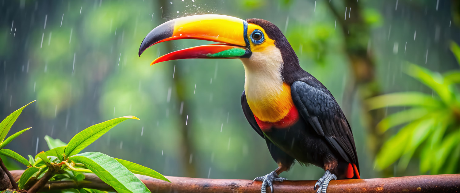 Ein generiertes Bild von einem Tukan, der zentral im Bild auf einem Ast im Regen sitzt. Im Hintergrund ist der Wald erkennbar.